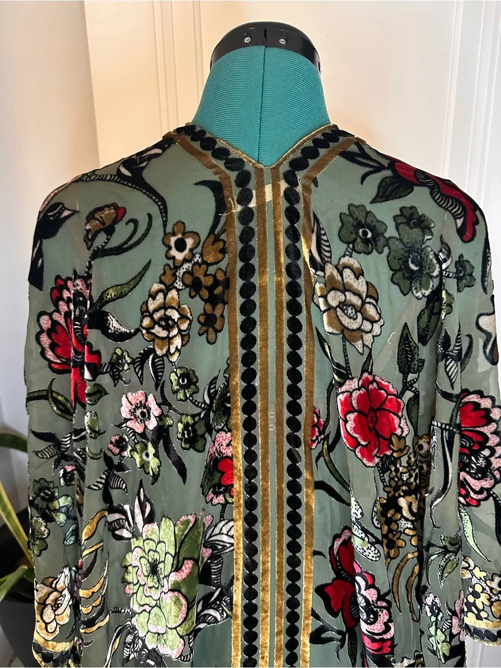 Olive Floral Embroidered Sheer Kimono with Red & Green Accents one size - Picture 7 of 11